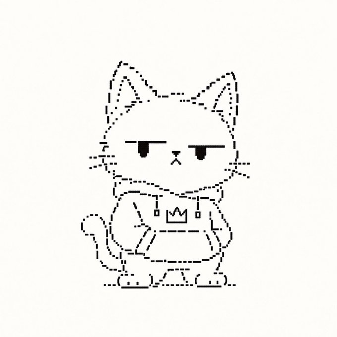 A simple, black-and-white line drawing of a grumpy-looking cat wearing a hoodie with a small crown logo.