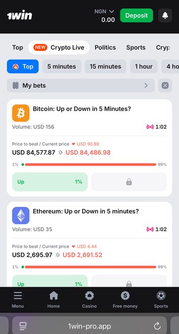 Screenshot of the 1win betting app showing crypto prediction markets for Bitcoin and Ethereum with 'Up or Down in 5 Minutes?' options and current prices at 1:02 countdown.