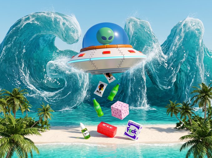 A surreal scene depicting a UFO with a green alien inside hovering over a tropical beach with large ocean waves, dropping various items including 'MCA' and 'fck' branded products onto the sand.
