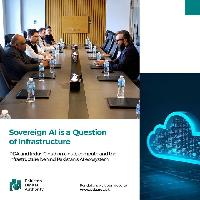 A promotional graphic titled 'Sovereign AI is a Question of Infrastructure' showing officials in a conference room meeting, with the Pakistan Digital Authority logo and website www.pda.gov.pk.