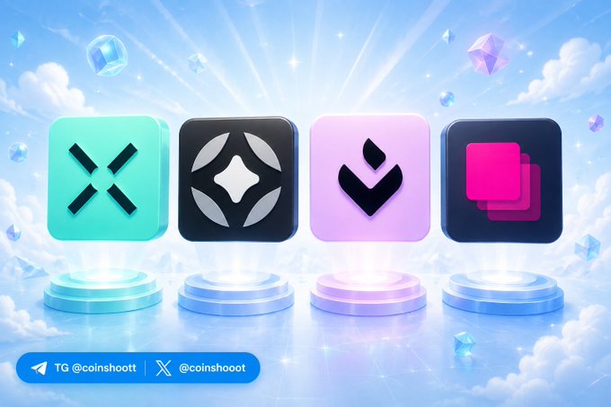 A promotional graphic for coinshoott displays four cryptocurrency-related icons (X, circle symbol, checkmark, and squares) on pedestals against a sky background with floating gems. Text reads "TG @coinshoott | X @coinshoott".