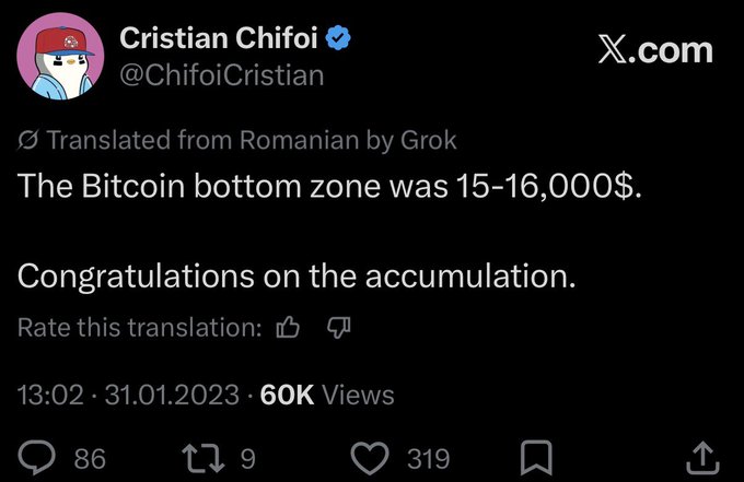 The image features a black background with white text that reads "Congratulations on the accumulation! Rate this translation: 13/02/2023 6:09 k views". The post appears to be about Bitcoin, as indicated by the use of the hashtag #bitcoin.