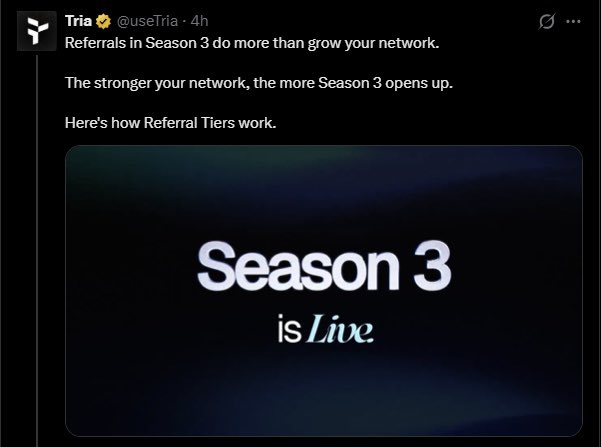 The image presents a screenshot from a social media post. It shows a black background with white text that reads "Season 3 is Live" followed by several descriptions. The first sentence talks about the transition of the @useTria into a unified financial hub, while the rest describe how the show evolved beyond just being accessible through wallet apps and has introduced new features like Tria Points and Mystery Boxes. There are also mentions related to social logins on Twitter that give context regarding how users can engage with the content more conveniently than before. The image focuses on these elements and their significance in relation to the post's title "Season 3 is Live".