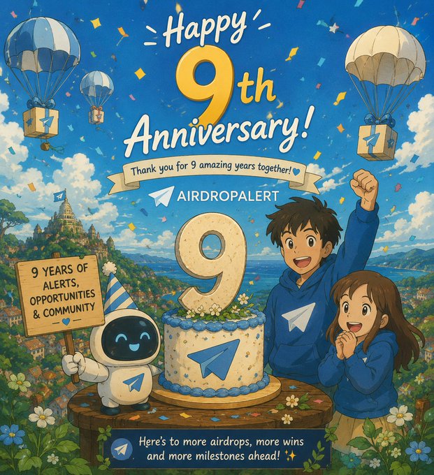 A celebratory illustration marks AirdropAlert's 9th anniversary, featuring a cheerful character and his robot companion alongside a large "9" cake, with banners reading "Happy 9th Anniversary! Thank you for 9 amazing years together!" and "9 Years of Alerts, Opportunities & Community." Hot air balloons and confetti fill the sky above a scenic landscape, capturing the playful milestone spirit referenced in the post about nine years of airdrop aggregation and three full market cycles.