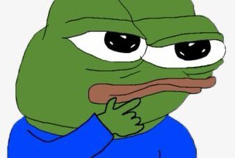 A classic Pepe the Frog meme illustration, green with large sad eyes, wearing a blue shirt, with one hand resting on his chin in a thoughtful pose.