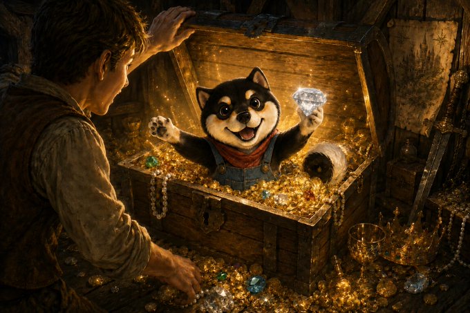 The image features a man holding a wooden chest filled with gold and jewels, including several diamonds. A dog is sitting inside the chest, surrounded by the valuable items. The caption above the image reads "Remember, diamonds are forged under pressure $MANYU #ManyuArmy". This message emphasizes the importance of perseverance and hard work in achieving success or overcoming challenges, as seen through the process of creating diamonds from raw materials.

The man's actions and the dog's presence in the chest symbolize the idea that valuable things can be achieved with determination and teamwork. The image also highlights the beauty and rarity of diamonds, which are often associated with strength, resilience, and endurance.