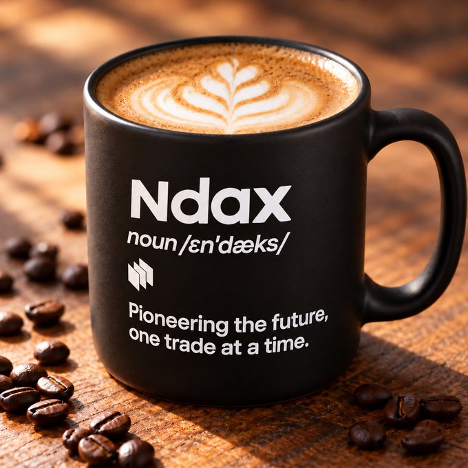 A black coffee mug filled with a latte features the text 'Ndax noun /ɛnˈdæks/ Pioneering the future, one trade at a time.', surrounded by coffee beans on a wooden surface.