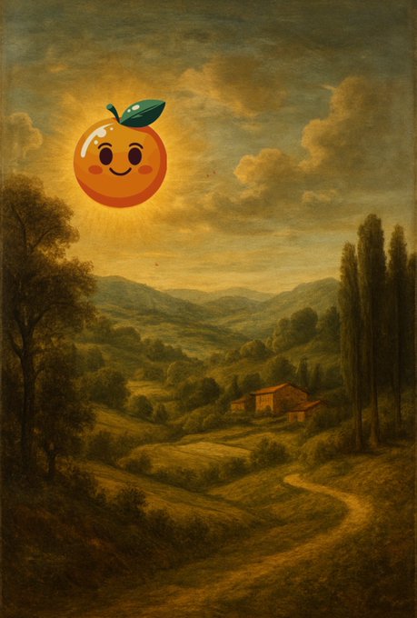 A classical landscape painting with a cartoon smiling orange fruit with a leaf superimposed in the sky where the sun would be.