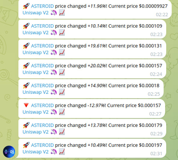 The image is a screenshot of a text-based conversation, possibly from a messaging app or social media platform like Twitter. It shows seven posts arranged horizontally with various topics being discussed. One of these posts discusses the space rocket project Asteroid, which initially started at around $20M and later dropped to around $67M after appearing on a news story about a SpaceX launch. The post then went through an upward price swing of nearly $80M before settling back down to just over $32M now. The content revolves around the project's market changes following its appearance on a news program featuring the rocket project.