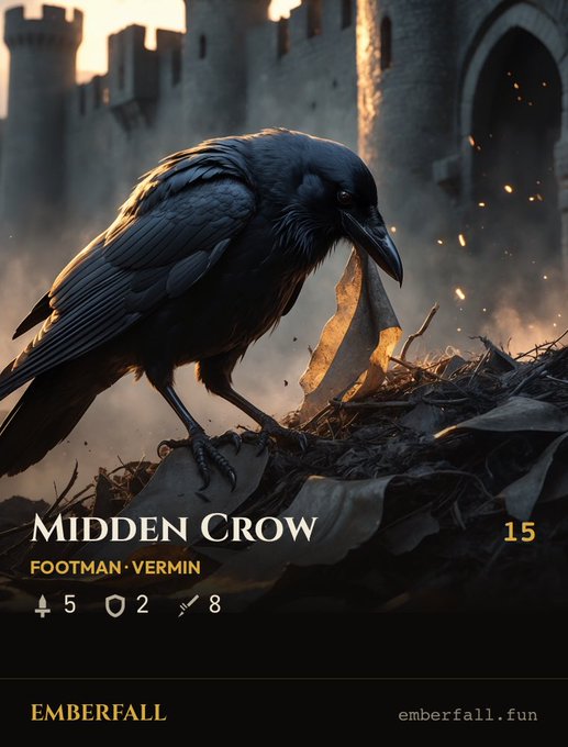 A trading card titled 'Midden Crow' depicting a black raven perched on debris in front of a medieval castle, featuring stats 5/2/8 and labeled 'Footman · Vermin' for the 'Emberfall' game.