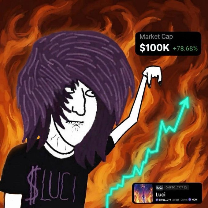 A meme-style illustration of a purple-haired figure in a '$LUCI' t-shirt with one arm raised, set against orange flames, with a green upward-trending arrow chart and a Market Cap display showing '$100K +78.68%' along with a 'Luci' token card displaying '0xEF8C...7777' and '1% supply'.
