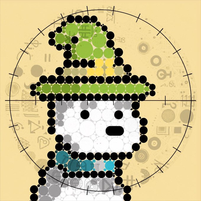 Pixelated zombie-like character made of dots wearing a green and yellow hat, set against a yellow background with mystical symbols.