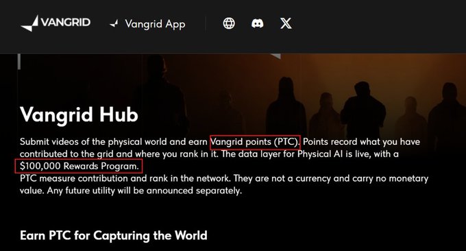 Vangrid Hub webpage explaining that users can submit videos of the physical world to earn Vangrid points (PTC) and rank in the network's $100,000 Rewards Program.