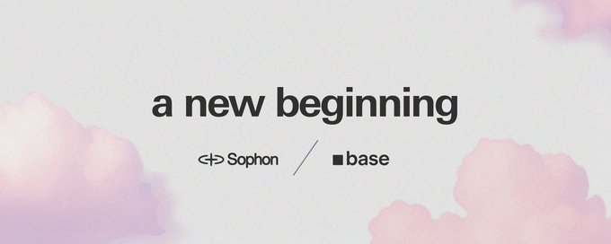 The image displays a pink-hued banner with fluffy clouds, featuring the text "a new beginning" alongside logos for Sophon and Base, symbolizing Sophon's strategic shift to build on Coinbase's Base network. This visual reinforces the post's announcement of Sophon abandoning its own chain plans in favor of Base's lower costs and large user base.