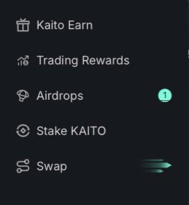 A dark interface menu showing cryptocurrency options: Kaito Earn, Trading Rewards, Airdrops (with a notification badge showing 1), Stake KAITO, and Swap.