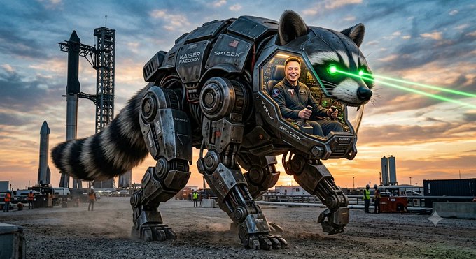 A digital artwork depicts Elon Musk piloting a large, robotic raccoon mech with glowing green eyes, set against a SpaceX rocket launch site with the text 'LASER RACCOON' and 'SPACEX' visible on the machine.