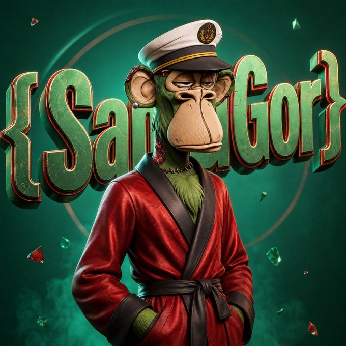 Digital artwork of a Bored Ape-style cartoon monkey wearing a red robe, glasses, and a sailor hat against a green background with large stylized text behind it.