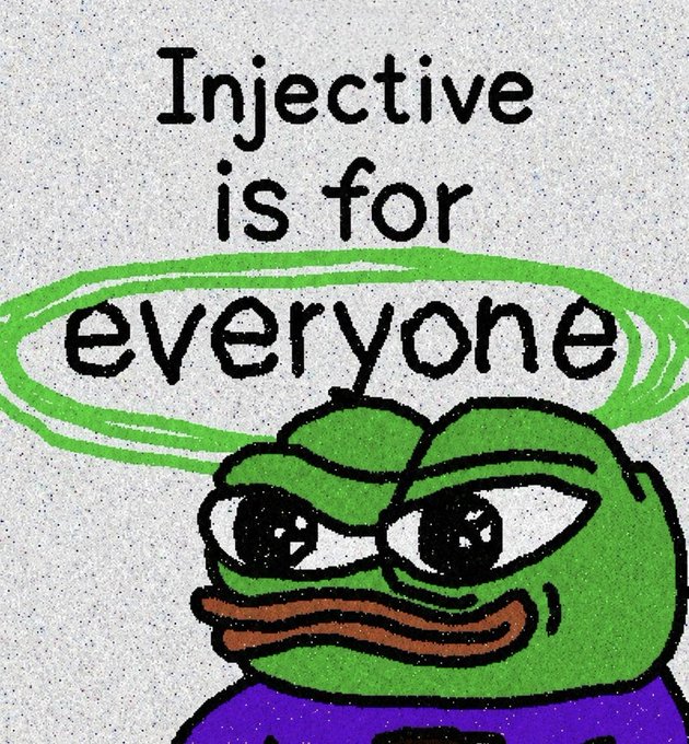 The image features a cartoon frog with green eyes, wearing a purple shirt, sitting against a white background. The text "Injective is for everyone" is written above the frog's head. This phrase seems to be part of an art project or a joke, as it is not typical to see such a message in a serious context like a post about injectives and their usage.