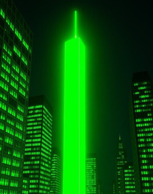 A nighttime cityscape bathed in green light features a towering skyscraper glowing intensely from within, piercing the dark sky with a bright green beam from its spire, while surrounding office windows also radiate the same bullish green hue—symbolizing strong market optimism in line with the "Incoming Who's bullish?" post.