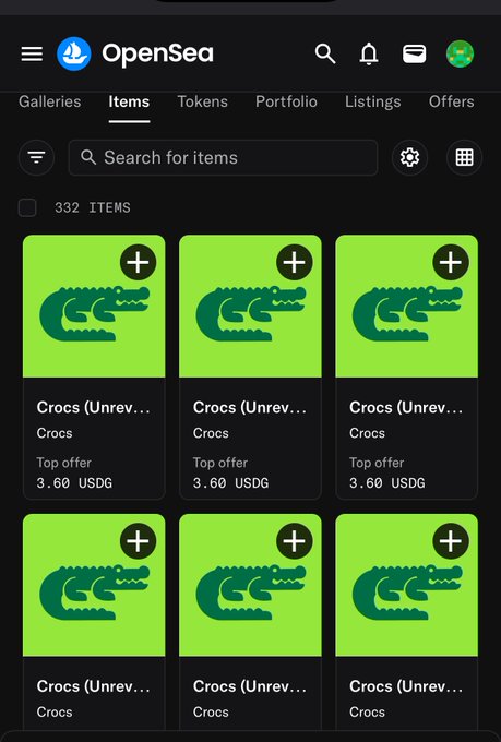 The image shows an OpenSea marketplace page displaying 332 items from the "Crocs" collection, with each NFT priced at 3.60 USDG and titled "Crocs (Unrevealed)." The screen relates to the post by showcasing the newly minted Crocpad NFTs the user acquired.
