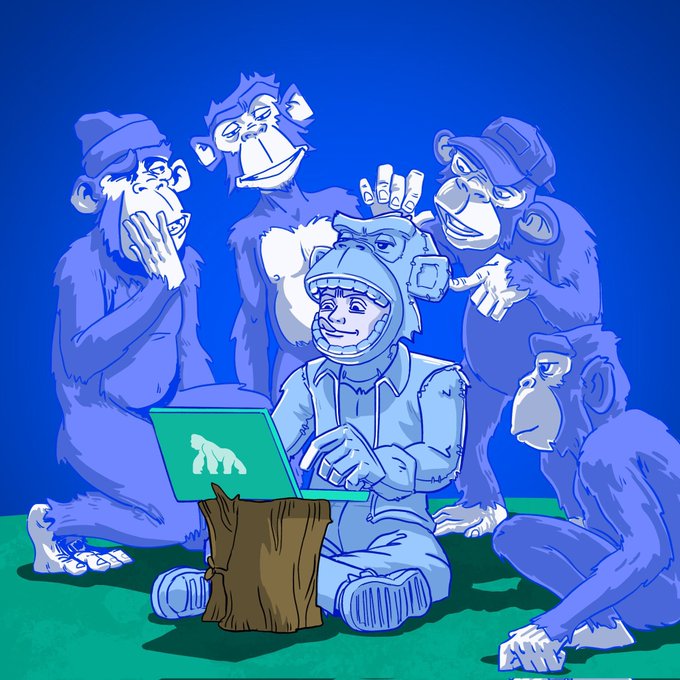 Illustration of a person wearing an ape helmet using a laptop with a bear logo on the screen, surrounded by five monkeys on a green background.