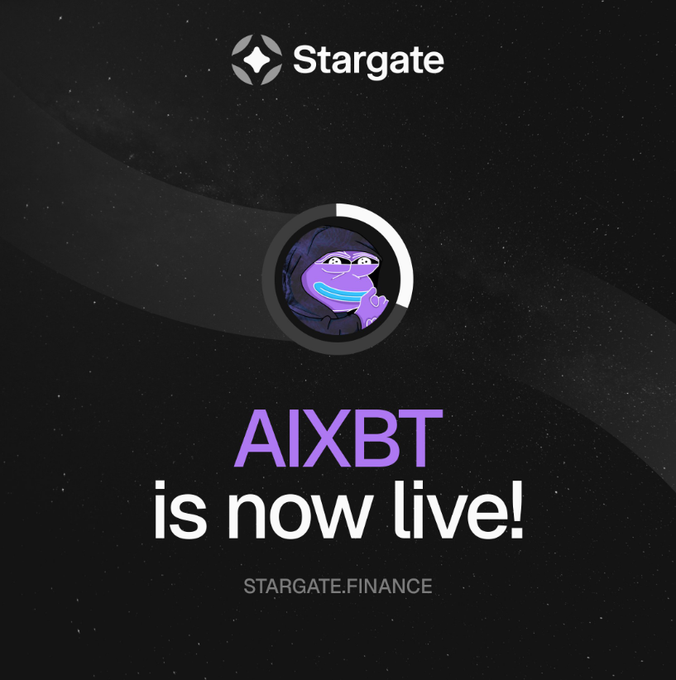 A promotional graphic with a starry black background showing the 'Stargate' logo at the top, an illustration of a purple frog wearing a hoodie in the center, and text reading 'AIXBT is now live!' above 'STARGATE.FINANCE'.