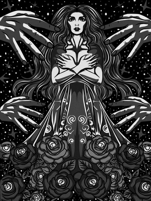 A black and white illustration of a pale woman with long flowing hair and a gothic gown, surrounded by reaching hands and a bed of roses against a starry background.