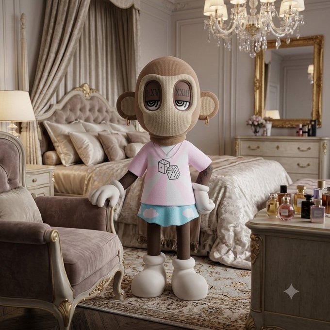 A plush toy figure with "XI" and "XXIII" tattooed under its eyes stands in an opulent bedroom, wearing a pink shirt with dice graphics, a blue cloud-patterned skirt, and oversized white shoes—introducing itself as a quirky new member of the family.