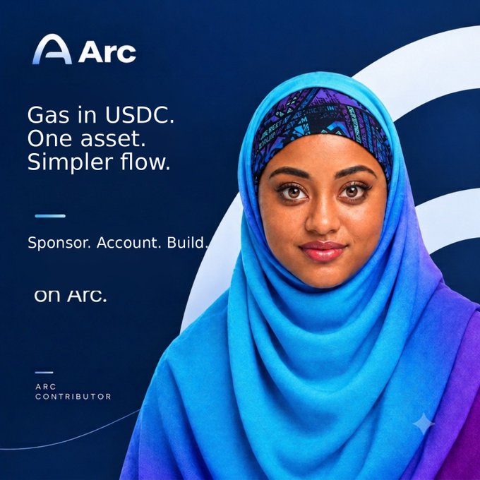 Promotional graphic for 'Arc' cryptocurrency platform featuring a woman in a blue hijab, with text 'Gas in USDC. One asset. Simpler flow. Sponsor. Account. Build. on Arc.'