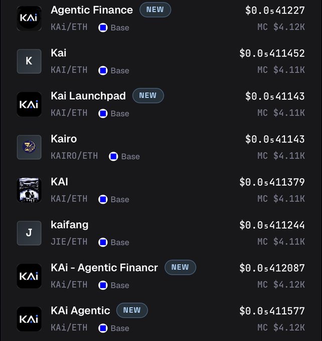 The image shows a list of cryptocurrency tokens on the Base network featuring the "KAi" ticker, with several variants including "Agentic Finance," "Kai Launchpad," and "KAI - Agentic Finance" (all marked NEW), each priced around $0.041 and with a market cap of approximately $4.11K-$4.12K. This aligns with the post's promotion of Base's push into AI Agents and Agentic Finance, highlighting the various KAI token offerings as their launch approaches.