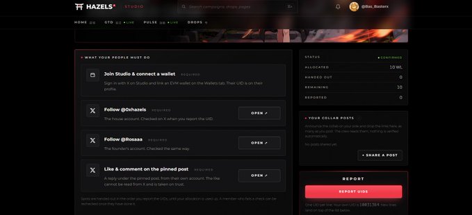 A screenshot of the Hazels Studio website, displaying required tasks such as joining a wallet, following X accounts, and liking posts, along with allocation stats showing 10 WL contained.
