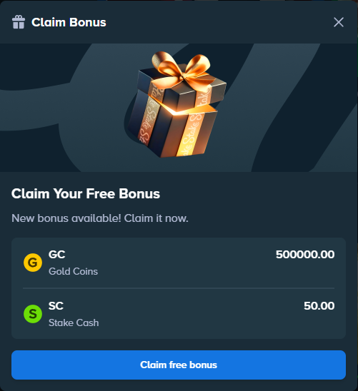The image features a computer screen displaying a window with a claim bonus application that lets you claim your free bonus using an existing Stake account. The button labeled "claim" is located near the top of the window, while the "free bonus" text appears at the bottom right corner. The main item in the image is a small gold box with a bow on it, which serves as the advertisement for the claimed bonus. It seems that you have to play Stake first before you can claim your free bonus using the application.