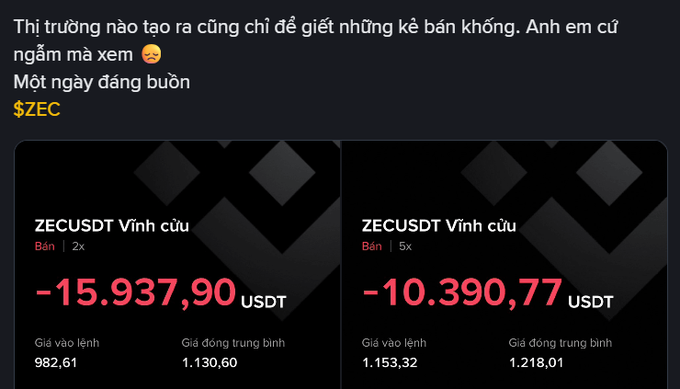 A trader laments a "very sad day" as his ZECUSDT long positions show significant losses (-15,937.90 USDT at 2x leverage and -10,390.77 USDT at 5x leverage), illustrating the post's point about the market punishing bagholders who stubbornly hold or over-leverage during uptrends instead of shorting or exiting.