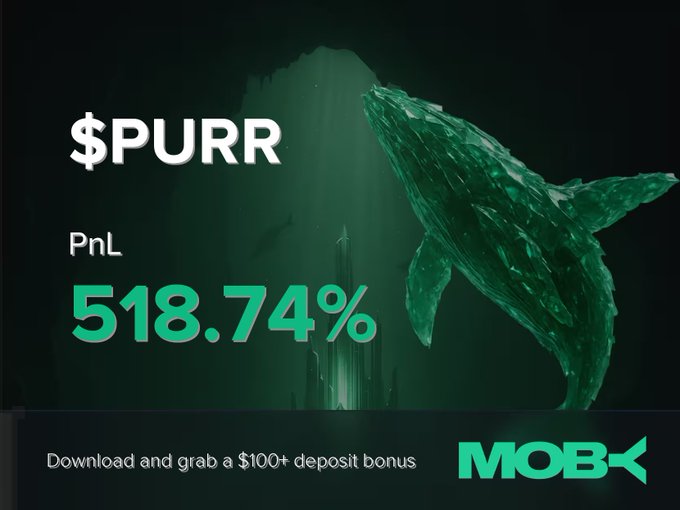 The image is a promotional graphic from Moby highlighting a "Win Alert" for the $PURR token, displaying a dramatic PnL of +518.74% in bold green text alongside an underwater scene featuring a large whale, with a call-to-action at the bottom offering a $100+ deposit bonus and the Moby logo.