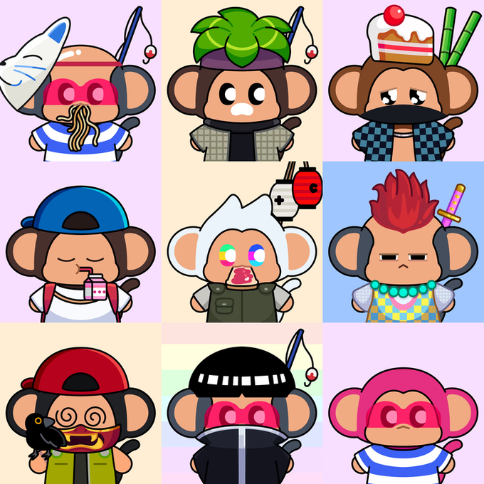 Grid of nine cartoon monkey NFT avatars with various accessories, including fishing rods, a bamboo plant, a birthday cake, a cap, a Game Boy, a red mohawk, a crow, ski goggles, and a pink mask.