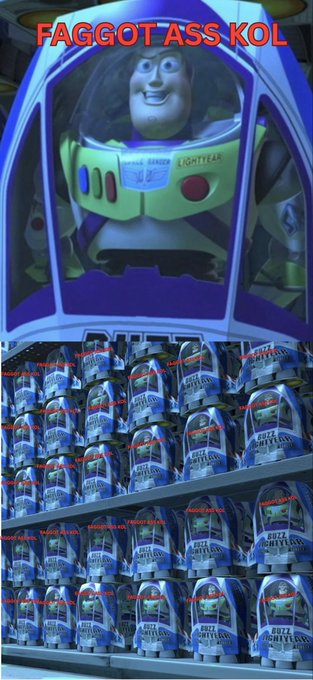 The image shows a Buzz Lightyear toy display in its original packaging, with Buzz Lightyear merchandise stacked on shelves below. The text overlay "FAGGOT ASS KOL" and watermark references tie into the meme about someone humorously comparing their obscure find (likely a niche crypto token or unexpected discovery) to the viral dog-themed WIF (dogwifhat) coin, suggesting this quirky, under-the-radar find could be the next big thing.