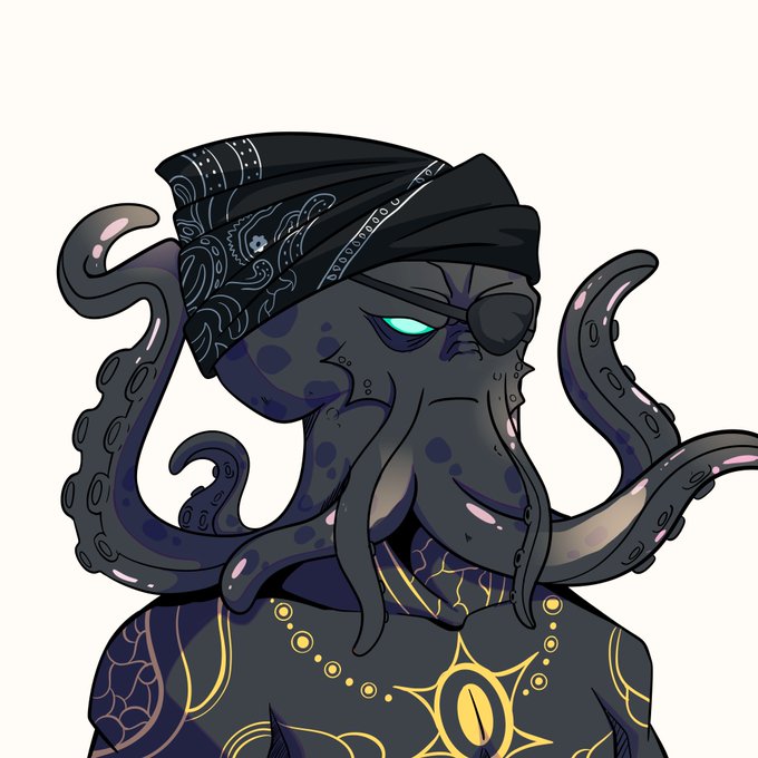 A cartoon octopus wearing a black bandana and an eye patch, featuring a striking eye with a slit pupil, adorned with gold detailing. The pirate-themed kraken illustration directly complements the post about "The Krakens" conquering the "Ink Seas," with the central eye symbolizing their vigilant presence in the unfolding conquest.