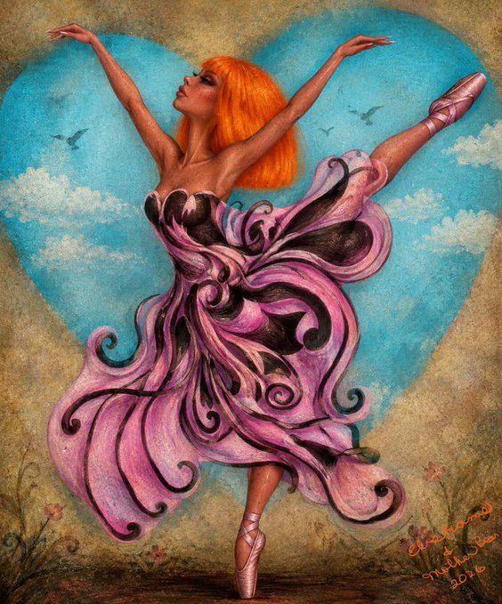 A whimsical illustration of a ballet dancer with orange hair wearing a flowing pink dress, posed en pointe against a heart-shaped blue sky background, signed by the artist in 2016.
