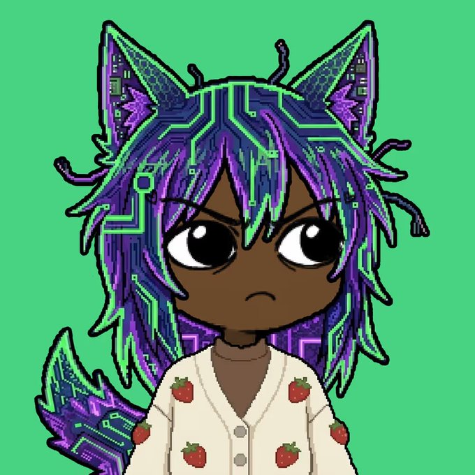 A digital illustration of an anime-style character with dark skin, glowing purple and green circuit-patterned hair and ears, wearing a strawberry-patterned shirt against a green background.