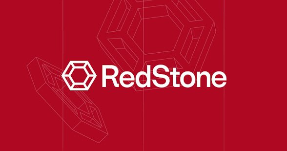 A red banner featuring the white text 'RedStone' alongside a hexagonal logo, with geometric line art in the background.