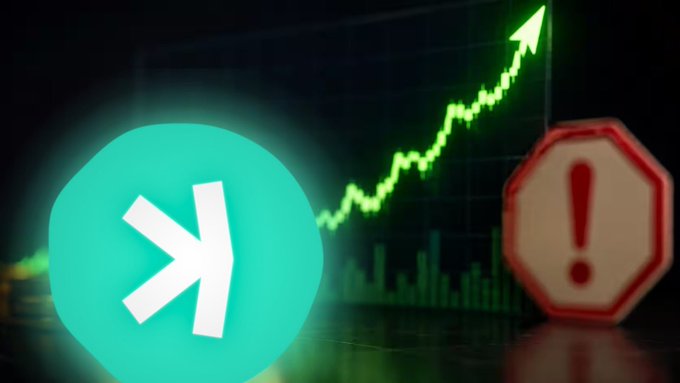The image features a glowing teal Kaspa (KAS) logo alongside an upward-trending green chart with an arrow, paired with a red warning sign, visually reinforcing the post's bullish alert about an imminent major rally for Kaspa.