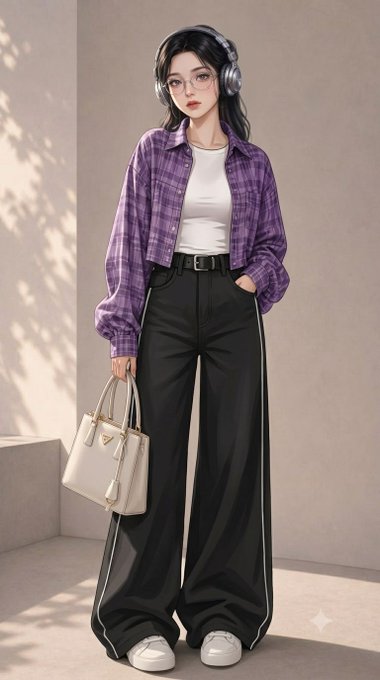 An illustration of a young woman with dark hair wearing headphones, a purple plaid shirt over a white top, and loose black pants, holding a white handbag.