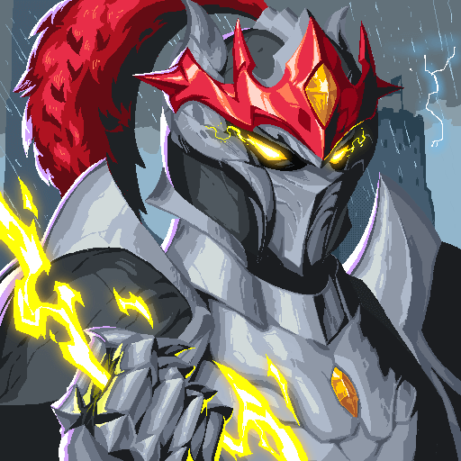 A pixel-art illustration of an armored knight or dragon character with a red horned helmet, glowing yellow eyes, a flowing red plume, and crackling yellow lightning in their gauntleted hand.