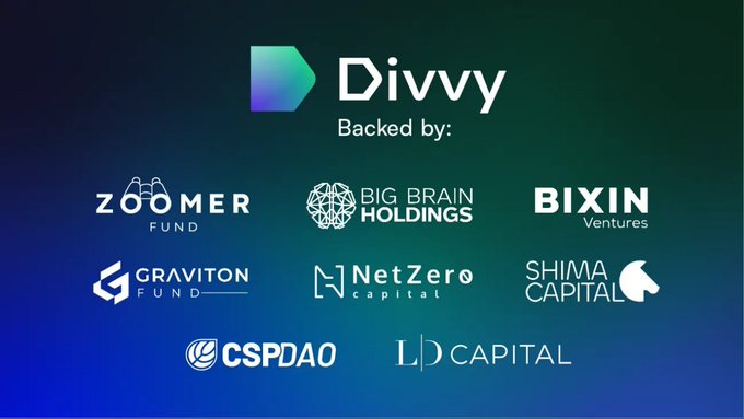 The image features a banner hanging with various company logos for fundraising campaigns named Divvy and other names like NetZero Fund, CSPDAO, and others, along with the word Airdrop, which indicates that these are fundraising events or initiatives related to Divvy. The content of the post seems to be about how to participate in or connect to one of these fundraisers by clicking on the provided links displayed at the bottom of the image.