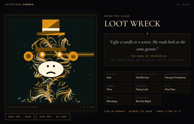 This image displays "LATESTAGE.CHURCH" featuring Archetype #1408 "LOOT WRECK," a stylized NFT with a melancholic ape face wearing a top hat and bowtie, listed as 1 of 2,500. The artwork relates to the post about gifting a Late Stage Ape NFT to Adam Weitsman, showcasing the piece being sent along with details like its trait values (Old Monitor eyes, Bonfire Night background) and the verse "Light a candle or a screen. She reads both as the same gesture." from The Book of Principles.