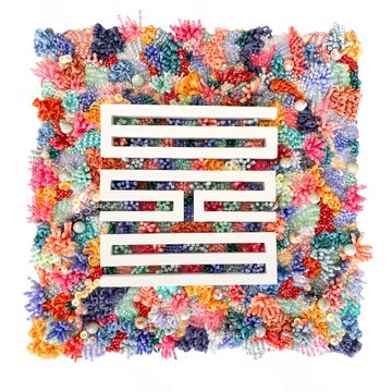 A colorful square collage made of coral reef textures and marine life surrounding a white geometric maze-like logo in the center.