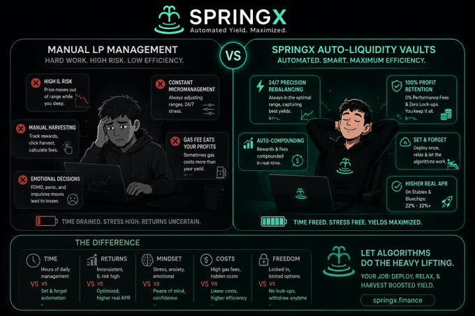 The image is a promotional comparison infographic for "SpringX" (springx.finance), contrasting "Manual LP Management" (depicted with a stressed DeFi farmer dealing with high IL risk, constant micromanagement, manual harvesting, and emotional decisions) against "SpringX Auto-Liquidity Vaults" (shown with a relaxed farmer benefiting from 24/7 precision rebalancing, 100% profit retention with 0% performance/entry fees, auto-compounding, and higher real APR of 22%-32% on stable and bluechip pairs), summarizing that manual LP work leads to time-drained, high-stress, uncertain returns versus the platform's automated, stress-free, maximized yields.