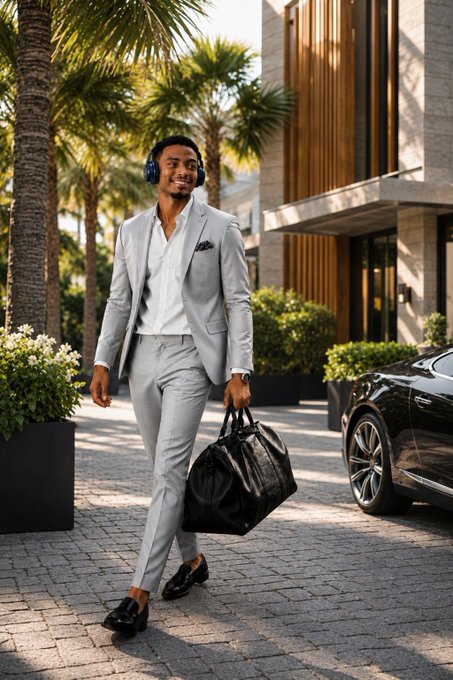 A man in a light gray suit wearing blue headphones walks outdoors carrying a black duffel bag, with a black car and palm trees in the background.