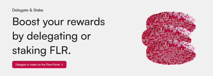 Advertisement reading 'Delegate & Stake. Boost your rewards by delegating or staking FLR.' with a button 'Delegate or stake via the Flare Portal' and an image of pink cookies.