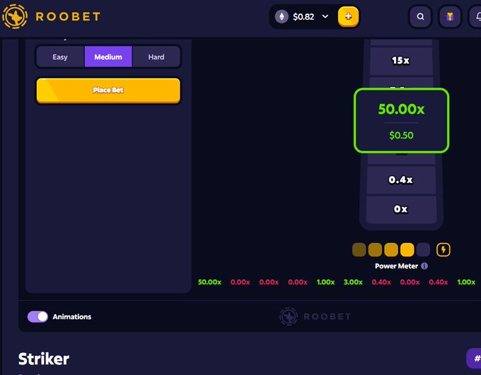 A screenshot of a gambling website named 'ROOBET' showing a 'Striker' game with a 'Place Bet' button, selected 'Medium' difficulty, and a highlighted '50.00x' payout for a $0.50 bet.